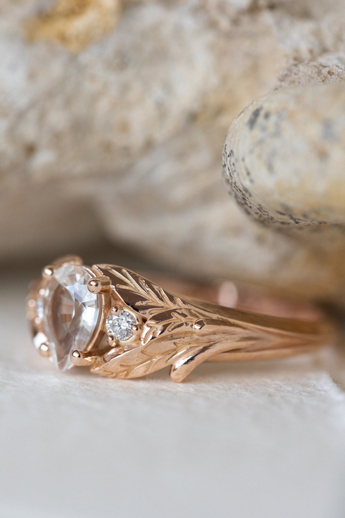 White sapphire engagement ring, rose gold engagement ring with accent diamonds / Wisteria - Eden Garden Jewelry™