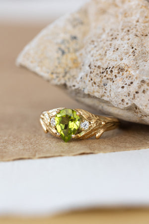 Peridot engagement ring, nature inspired gold ring with side diamonds / Wisteria - Eden Garden Jewelry™