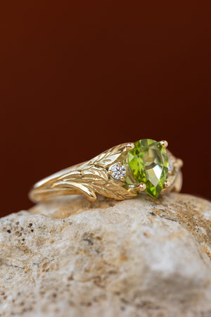 Peridot engagement ring, nature inspired gold ring with side diamonds / Wisteria - Eden Garden Jewelry™