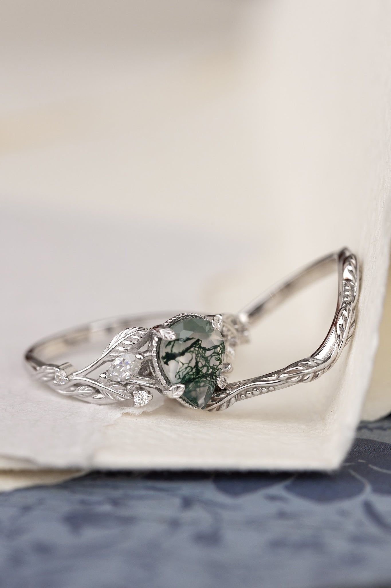 One of a kind moss agate engagement ring set, white gold twig stacking rings with diamonds / Patricia - Eden Garden Jewelry™