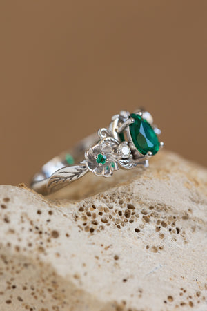 Lab-created emerald engagement ring set, unique flower style bridal ring set / Adelina - Eden Garden Jewelry™