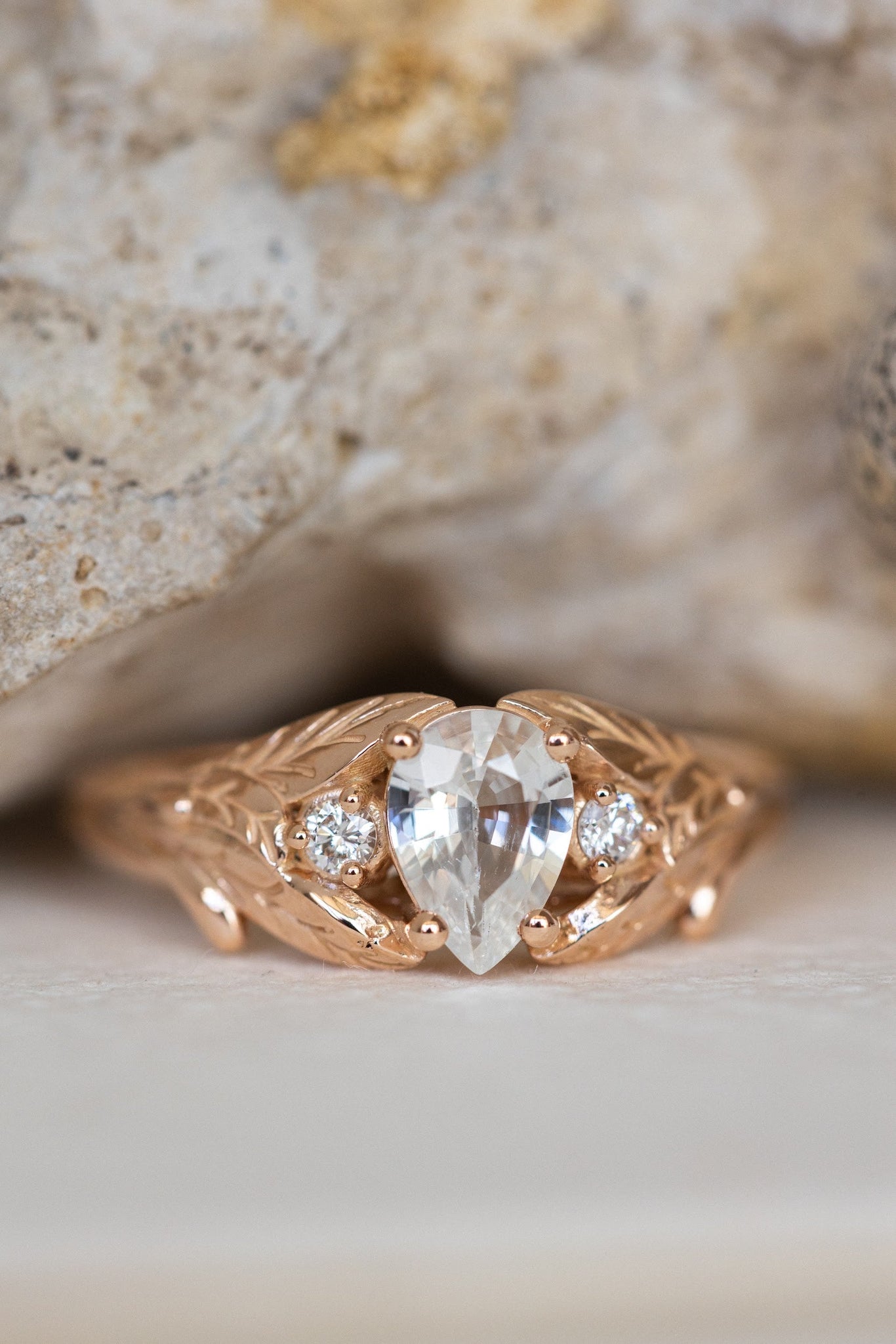 White sapphire engagement ring, rose gold engagement ring with accent diamonds / Wisteria - Eden Garden Jewelry™