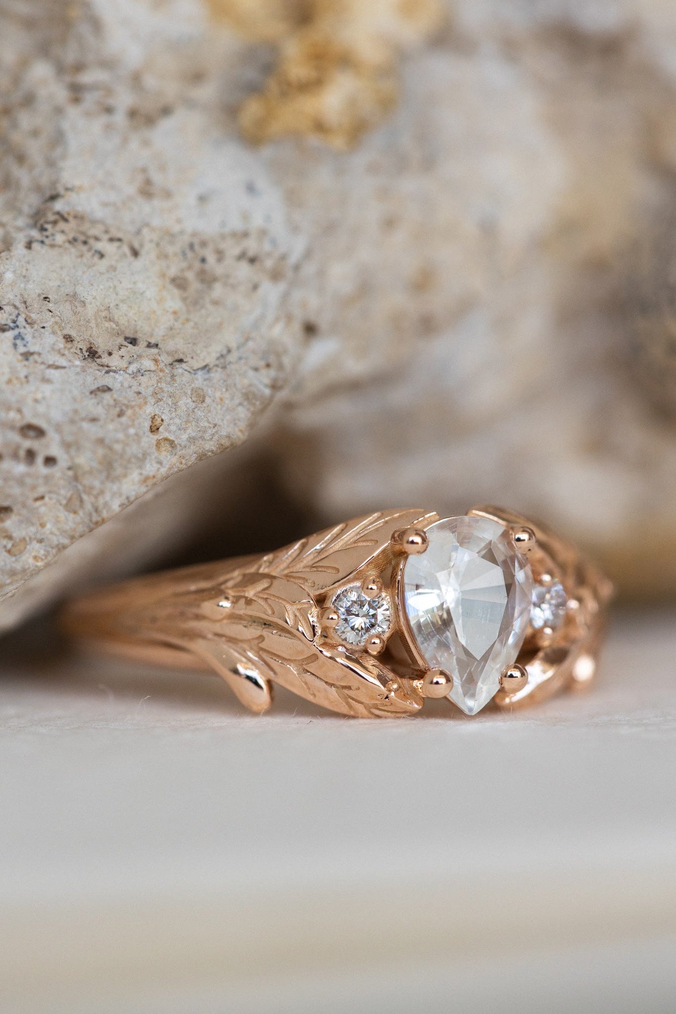 White sapphire engagement ring, rose gold engagement ring with accent diamonds / Wisteria - Eden Garden Jewelry™