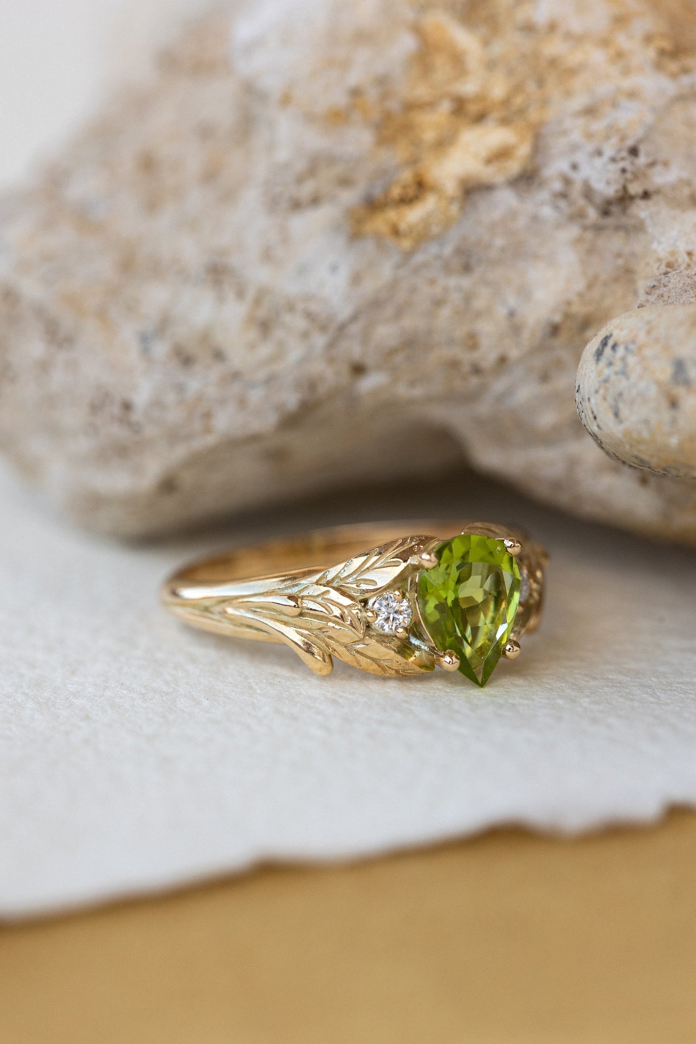 Peridot engagement ring, nature inspired gold ring with side diamonds / Wisteria - Eden Garden Jewelry™