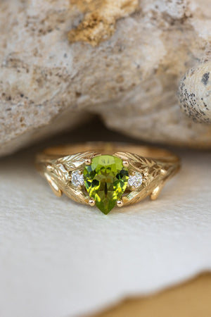 Peridot engagement ring, nature inspired gold ring with side diamonds / Wisteria - Eden Garden Jewelry™