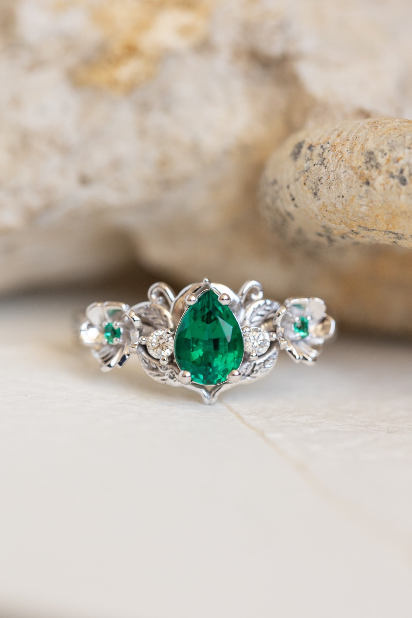 Lab-created emerald engagement ring set, unique flower style bridal ring set / Adelina - Eden Garden Jewelry™