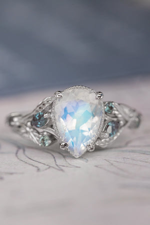 Big pear moonstone bridal ring set, engagement ring set with accent alexandrites / Patricia - Eden Garden Jewelry™