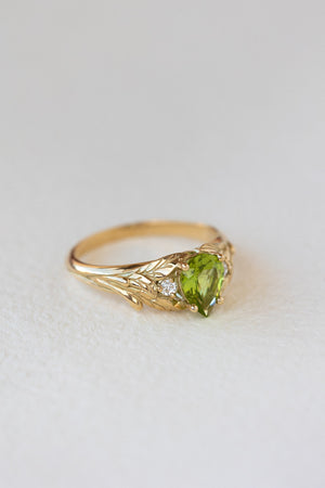 Peridot engagement ring, nature inspired gold ring with side diamonds / Wisteria - Eden Garden Jewelry™