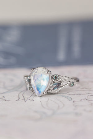 Natural moonstone and accent alexandrites engagement ring, vines and leaves white gold ring / Patricia - Eden Garden Jewelry™