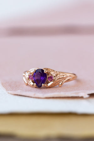 Pear amethyst engagement ring, gold leaf ring with pink tourmalines / Wisteria - Eden Garden Jewelry™