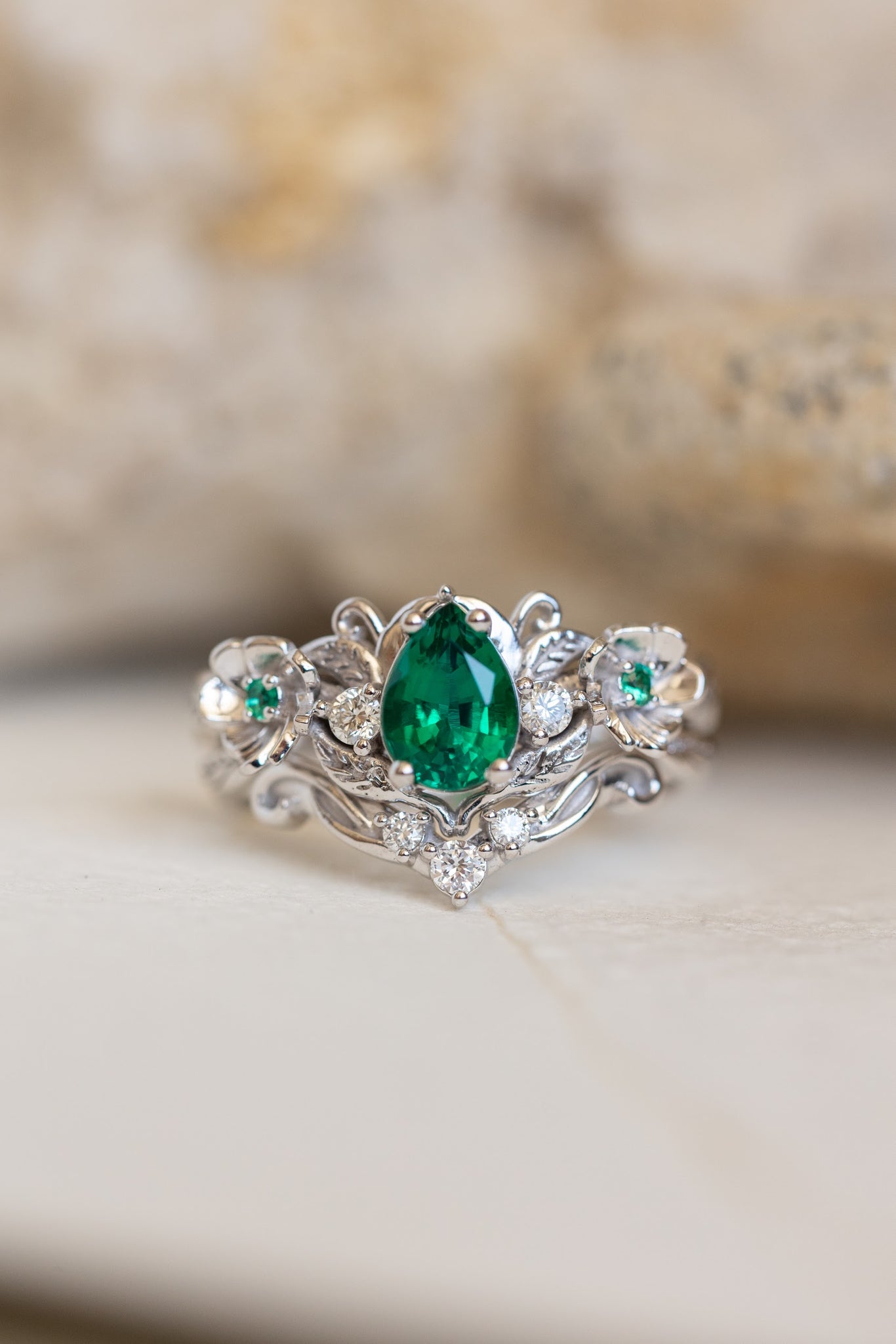 Lab-created emerald engagement ring set, unique flower style bridal ring set / Adelina - Eden Garden Jewelry™