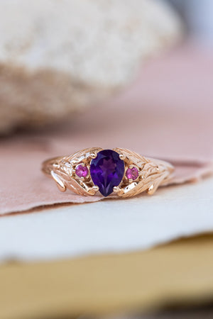 Pear amethyst engagement ring, gold leaf ring with pink tourmalines / Wisteria - Eden Garden Jewelry™