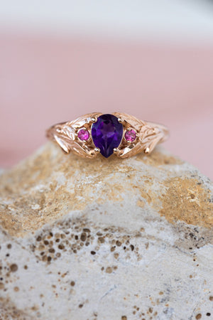 Pear amethyst engagement ring, gold leaf ring with pink tourmalines / Wisteria - Eden Garden Jewelry™