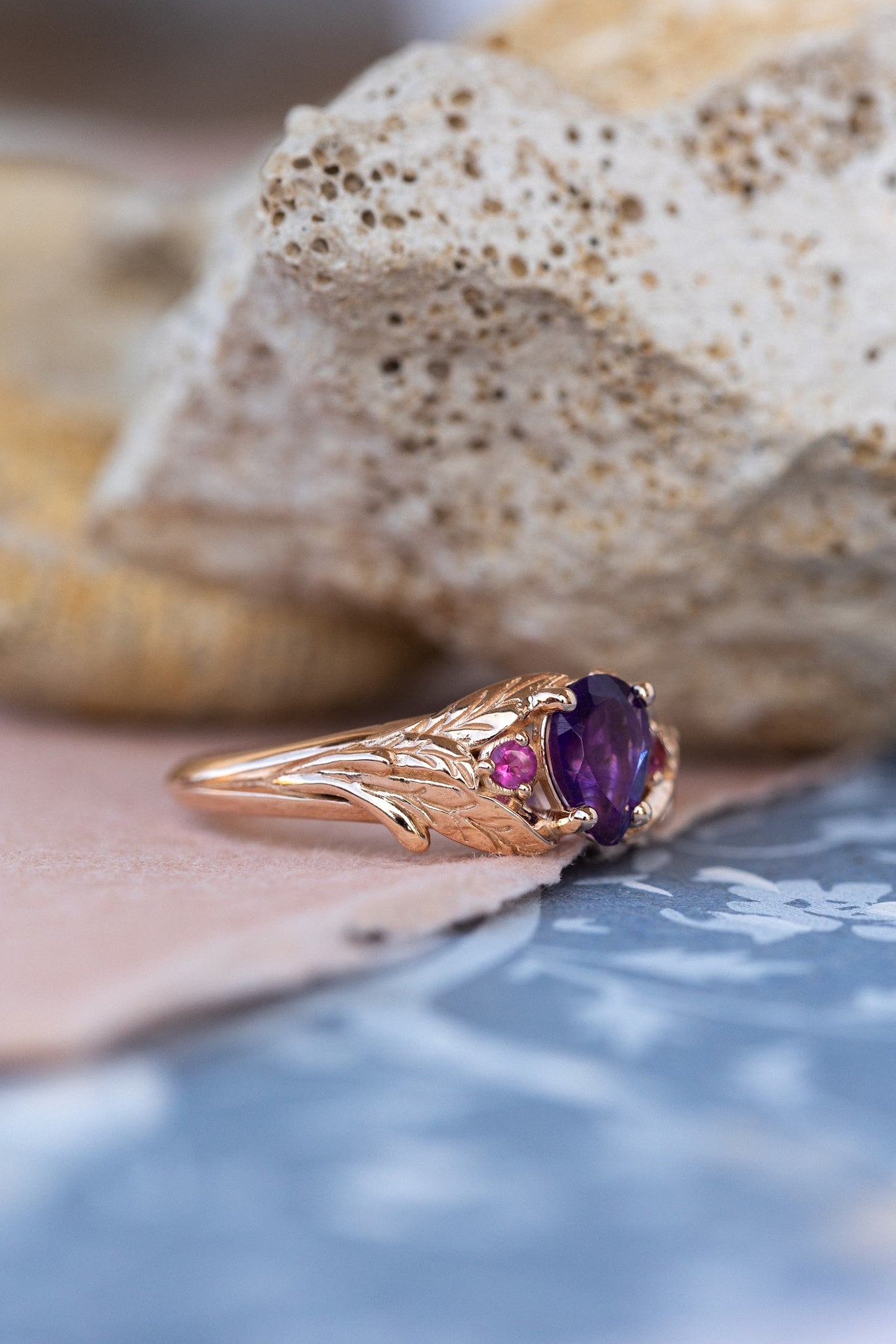 Pear amethyst engagement ring, gold leaf ring with pink tourmalines / Wisteria - Eden Garden Jewelry™