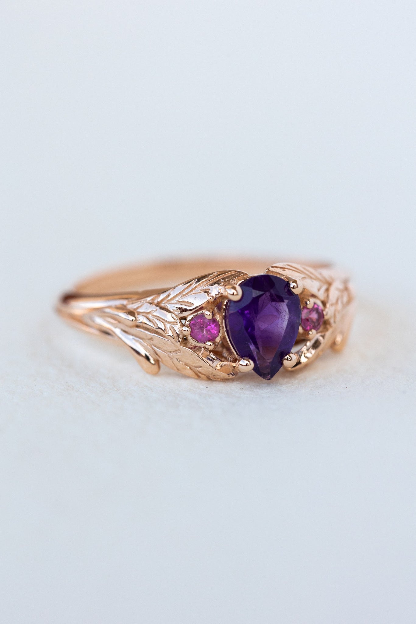 Pear amethyst engagement ring, gold leaf ring with pink tourmalines / Wisteria - Eden Garden Jewelry™