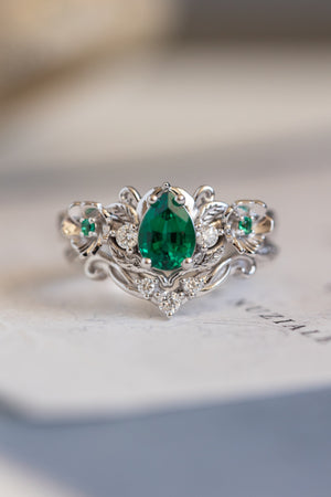 Lab-created emerald engagement ring set, unique flower style bridal ring set / Adelina - Eden Garden Jewelry™