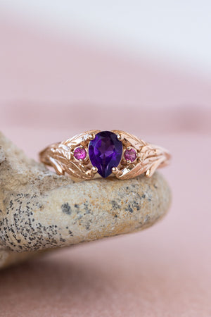 Pear amethyst engagement ring, gold leaf ring with pink tourmalines / Wisteria - Eden Garden Jewelry™