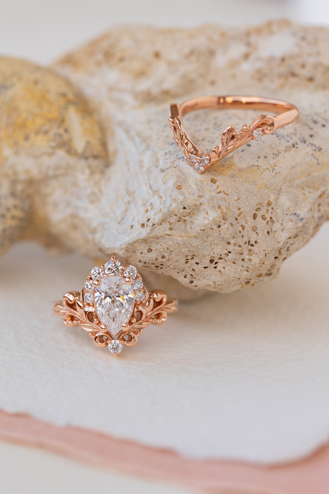 Lab grown diamond engagement ring set, nature inspired rose gold bridal ring set with diamond halo / Sophie - Eden Garden Jewelry™