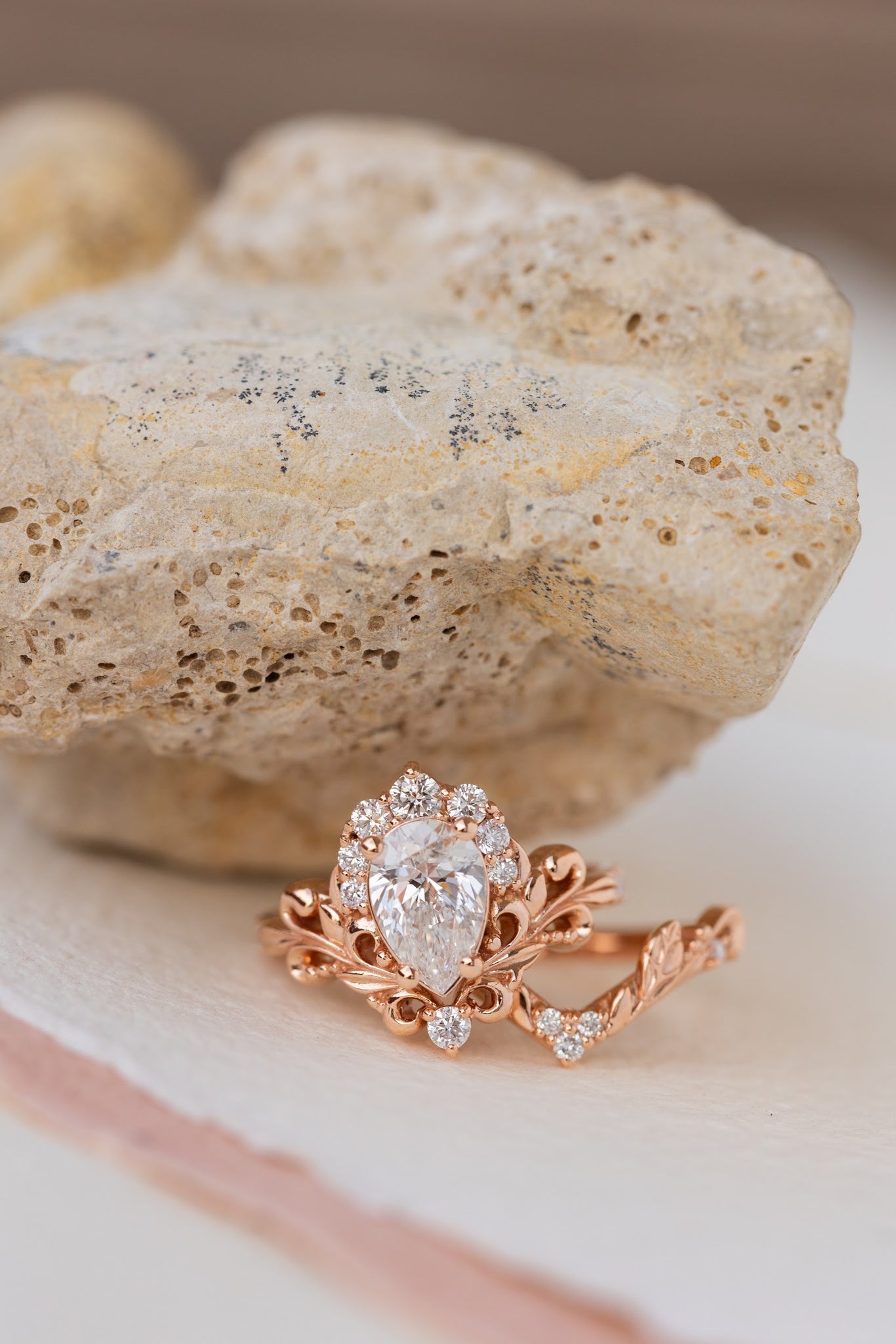 Lab grown diamond engagement ring set, nature inspired rose gold bridal ring set with diamond halo / Sophie - Eden Garden Jewelry™