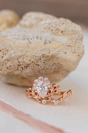 Lab grown diamond engagement ring set, nature inspired rose gold bridal ring set with diamond halo / Sophie - Eden Garden Jewelry™