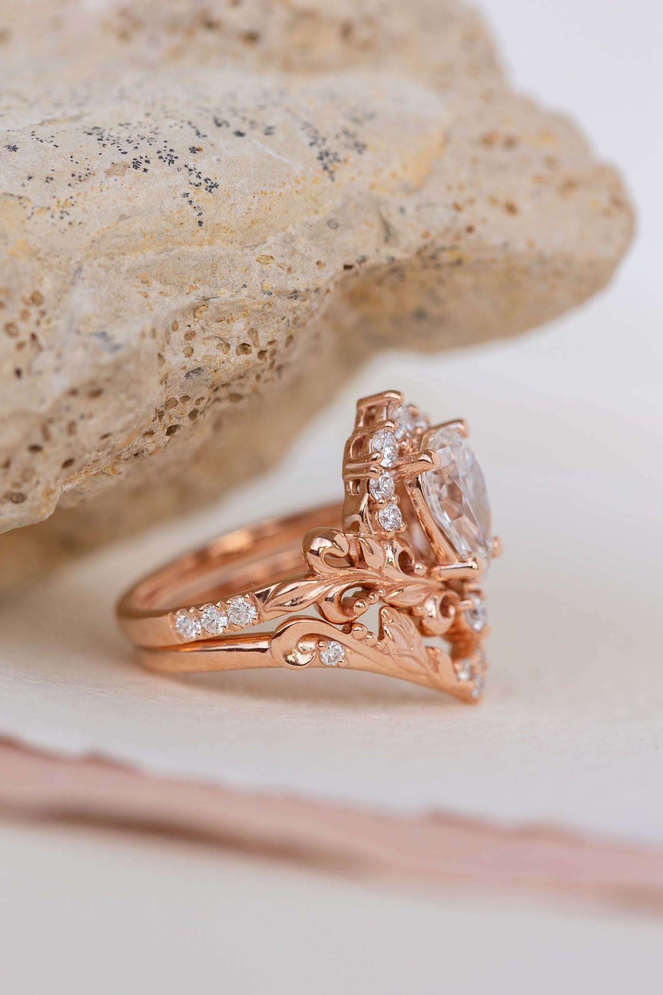 Lab grown diamond engagement ring set, nature inspired rose gold bridal ring set with diamond halo / Sophie - Eden Garden Jewelry™