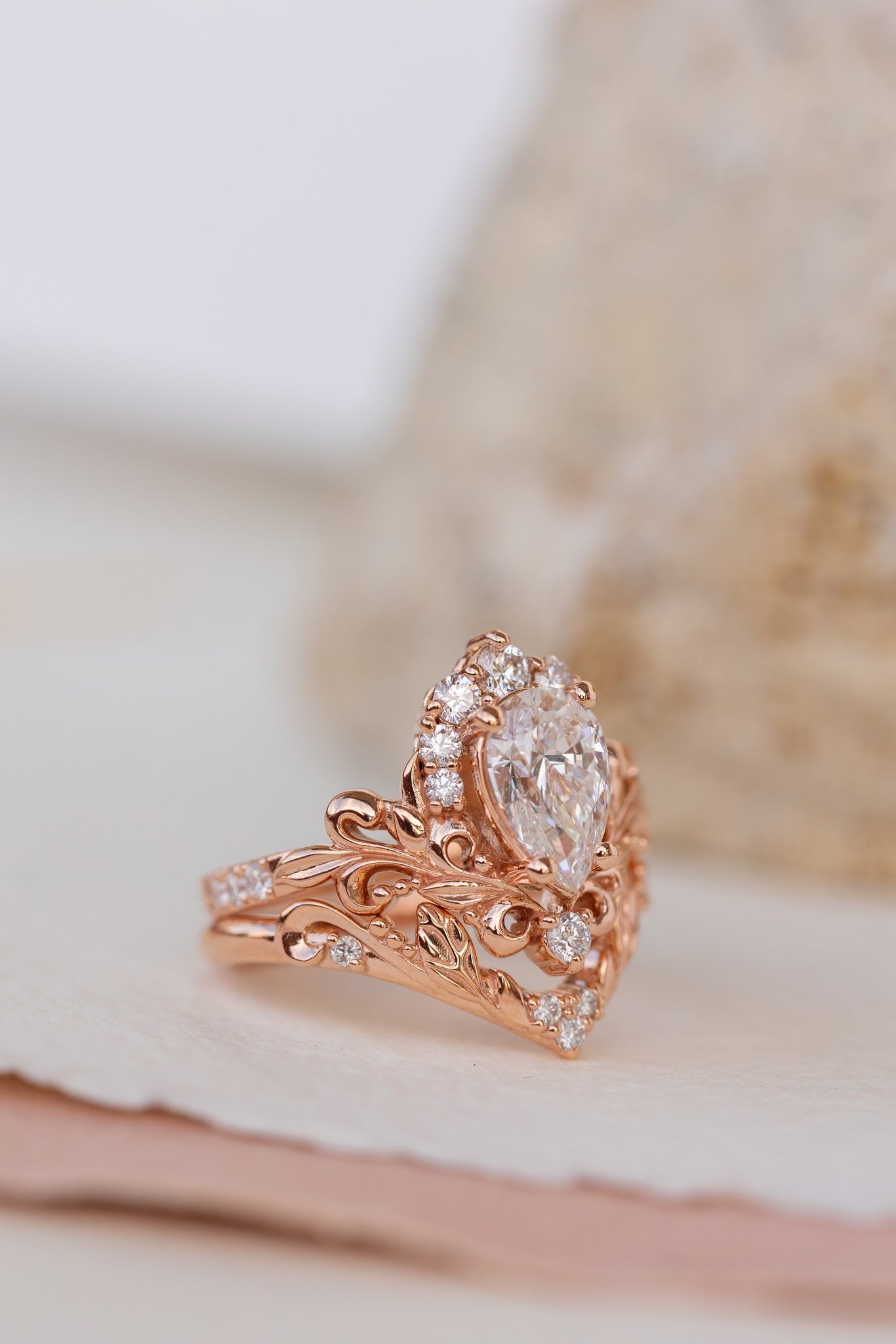 Lab grown diamond engagement ring set, nature inspired rose gold bridal ring set with diamond halo / Sophie - Eden Garden Jewelry™