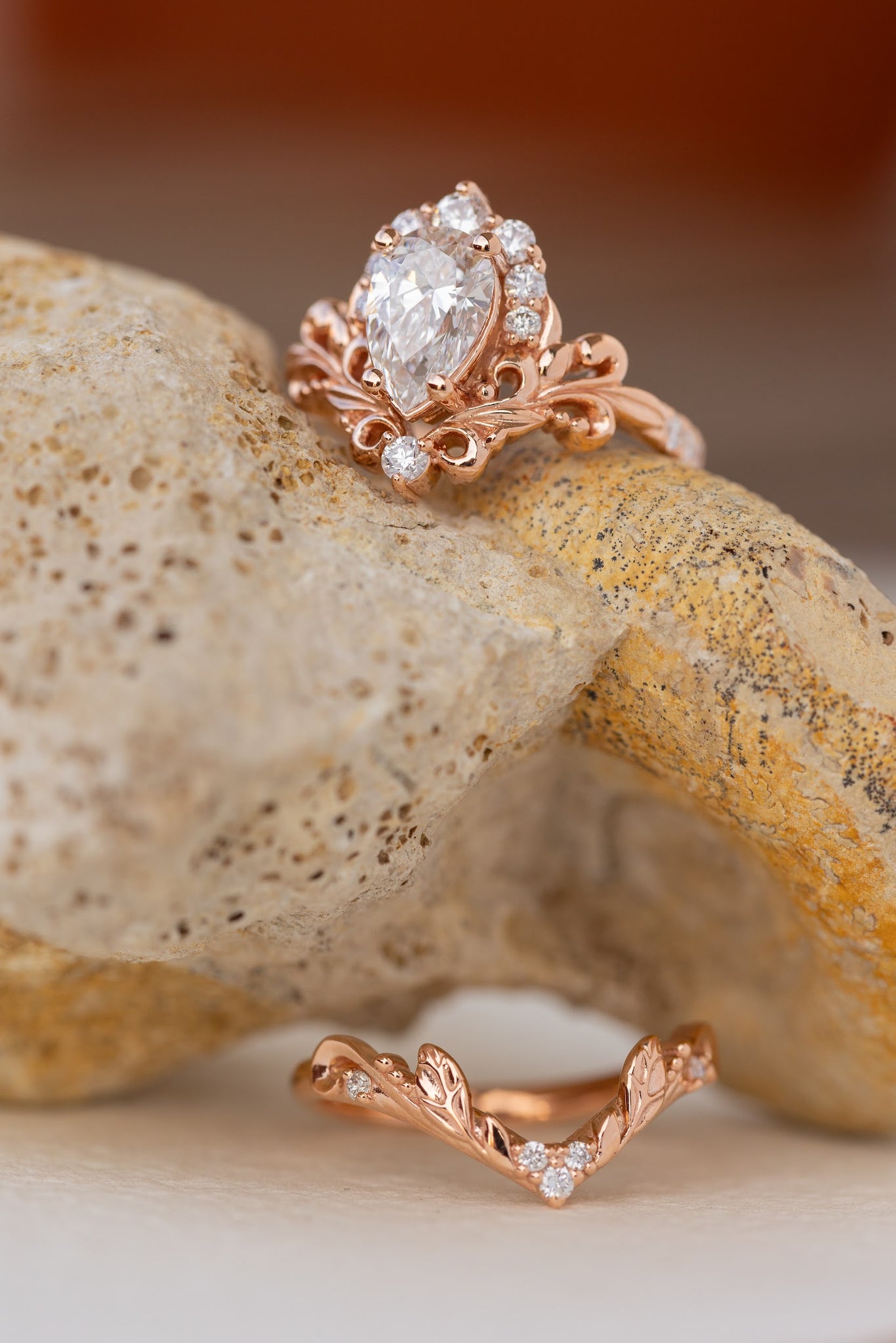 Lab grown diamond engagement ring set, nature inspired rose gold bridal ring set with diamond halo / Sophie - Eden Garden Jewelry™