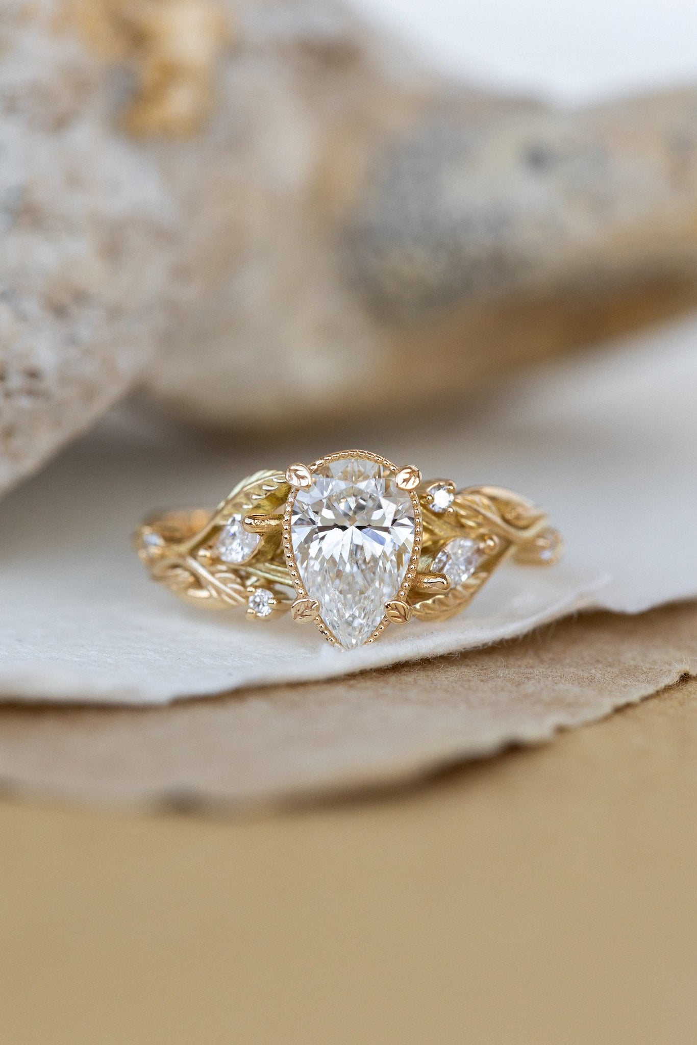 Lab grown diamond engagement ring, gold nature inspired ring with leaves and diamonds / Patricia - Eden Garden Jewelry™