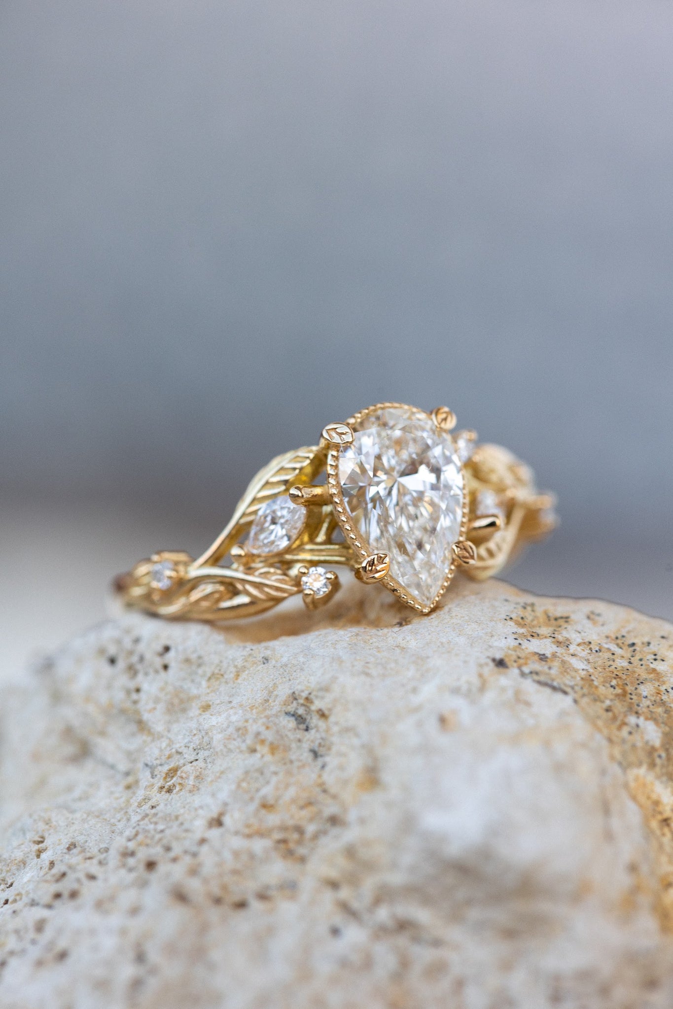 Lab grown diamond engagement ring, gold nature inspired ring with leaves and diamonds / Patricia - Eden Garden Jewelry™