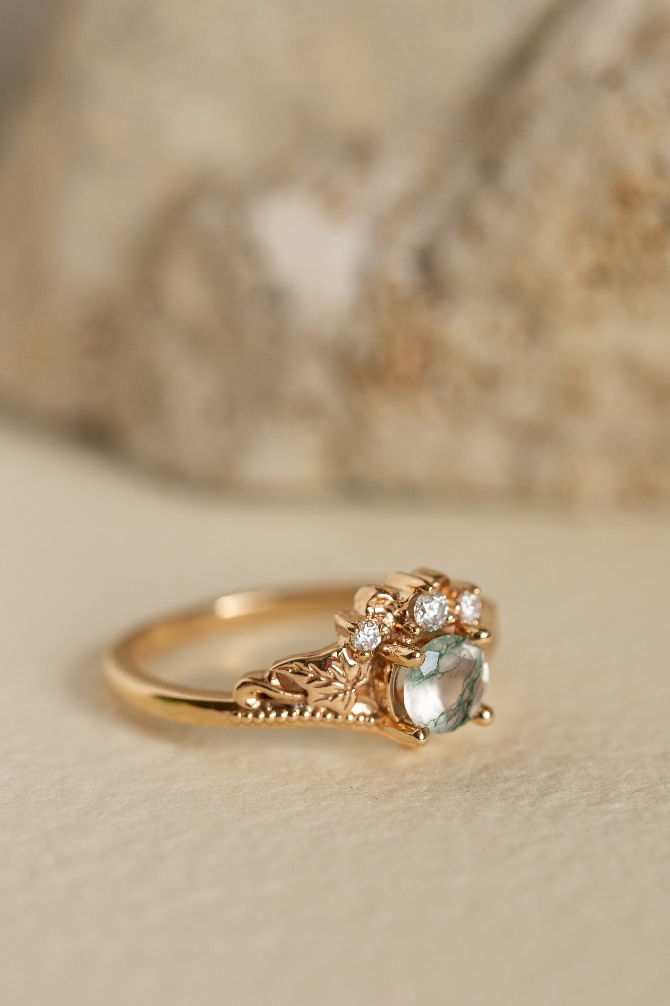 Moss agate engagement ring, alternative gold promise ring with diamonds / Ariadne - Eden Garden Jewelry™