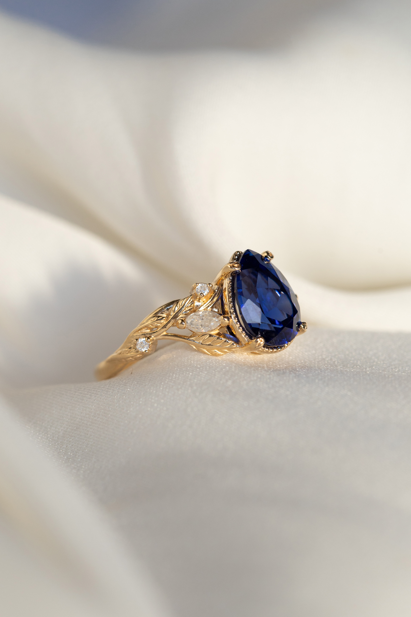 Pear sapphire twig engagement ring, royal blue lab sapphire proposal ring with diamonds / Patricia - Eden Garden Jewelry™