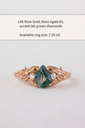 READY TO SHIP: Wisteria ring in 14K or 18K rose gold, pear moss agate, accents lab grown diamonds, RING SIZE: 5.75 - 8.75 US