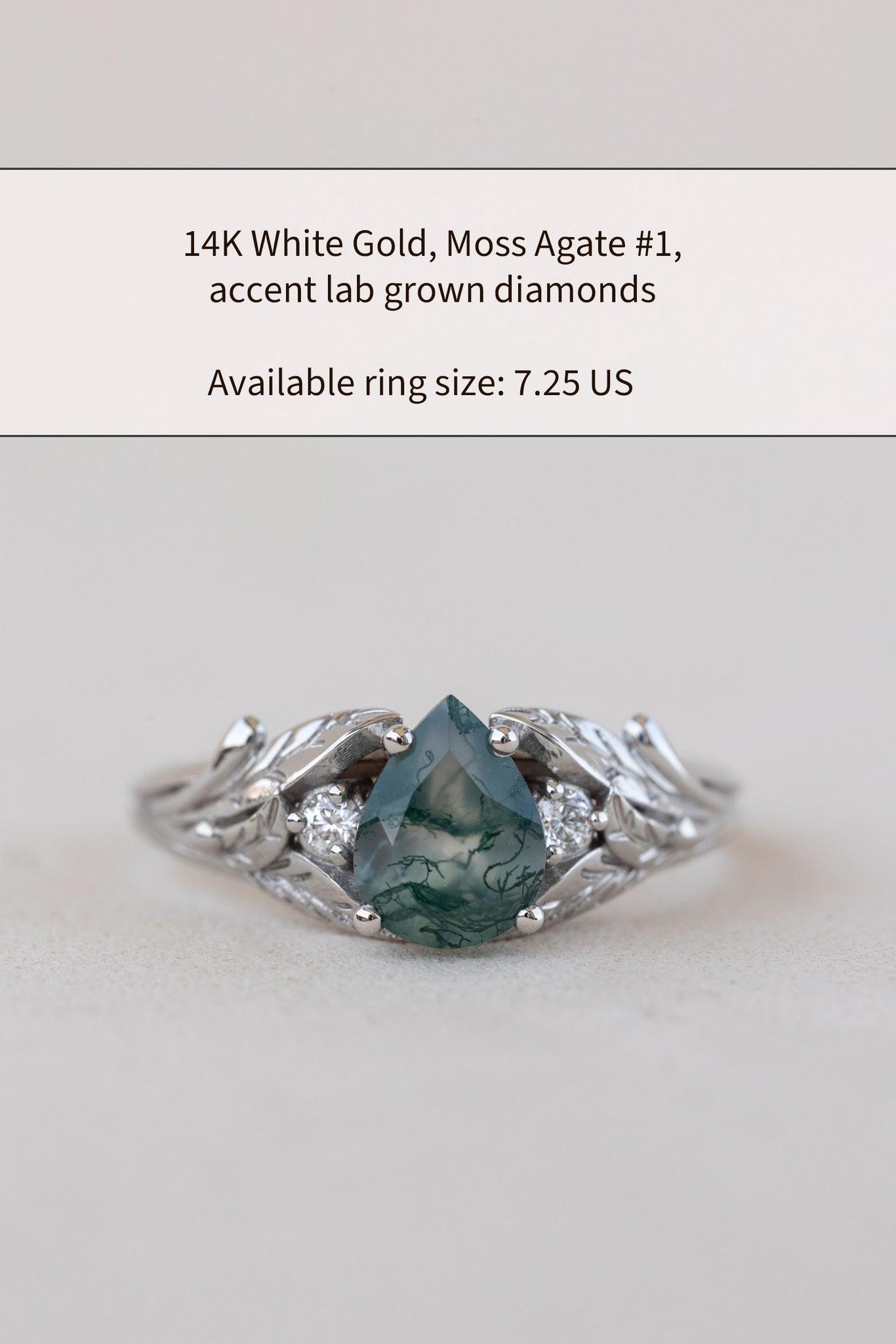 READY TO SHIP: Wisteria ring in 14K or 18K white gold, pear moss agate, accents lab grown diamonds, RING SIZE: 5.75 - 8.75 US