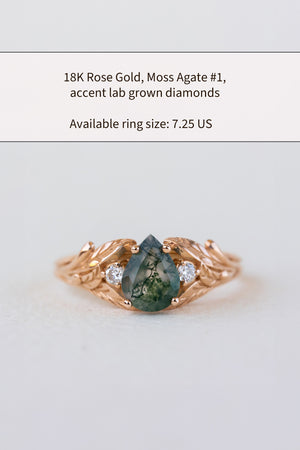 READY TO SHIP: Wisteria ring in 14K or 18K rose gold, pear moss agate, accents lab grown diamonds, RING SIZE: 5.75 - 8.75 US