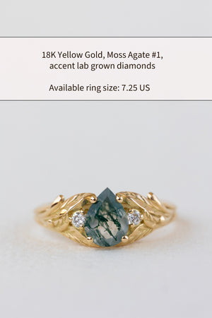 READY TO SHIP: Wisteria ring in 18K yellow gold, pear moss agate, accents lab grown diamonds, RING SIZE: 5.75 - 8.75 US