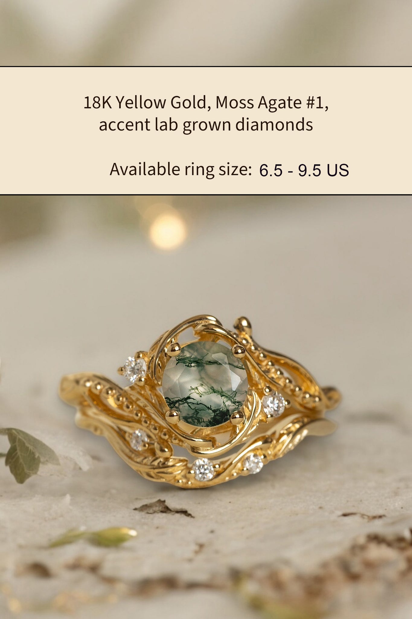 READY TO SHIP: Bridal set Undina beautifully crafted in 14K or 18K yellow gold with moss agate and lab-grown diamonds, AVAILABLE RING SIZES: 6.5 - 9.5 US