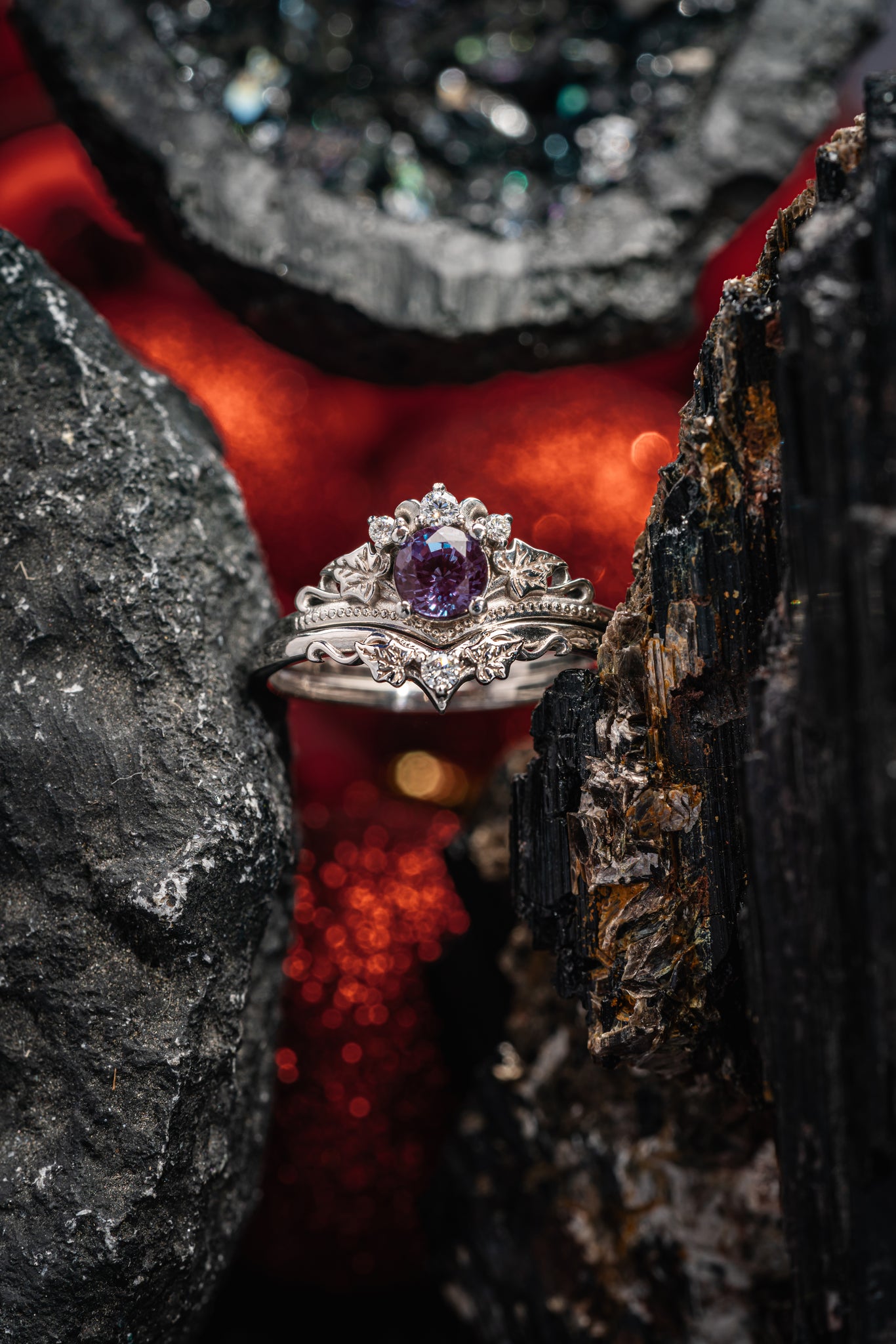 Colour changing alexandrite engagement ring set, fantasy white gold bridal ring set with diamonds  / Ariadne