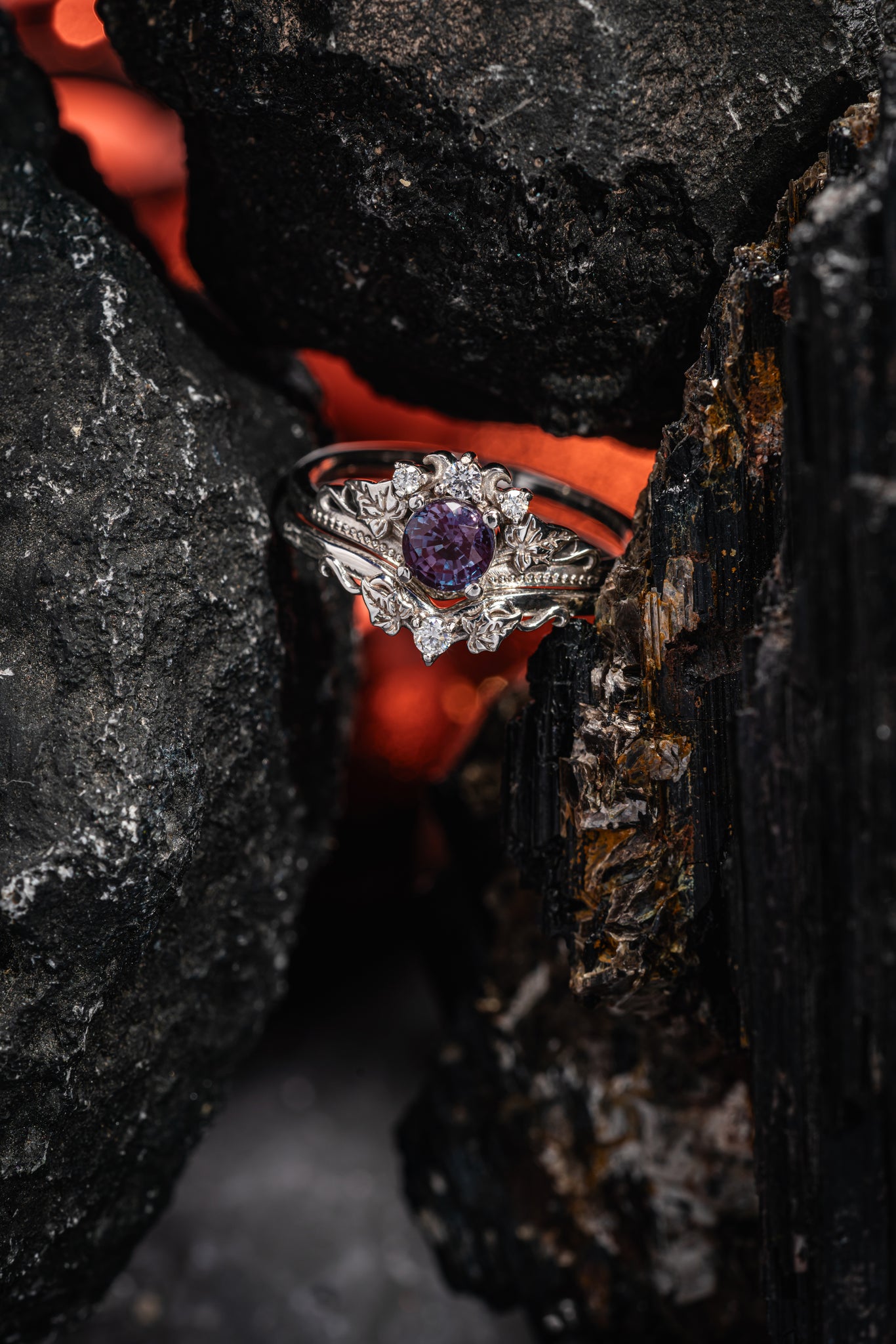 READY TO SHIP: Ariadne ring set with colour change alexandrite, two rings in 14K white gold with natural diamonds, AVAILABLE RING SIZES: 6.25 - 9.25 US