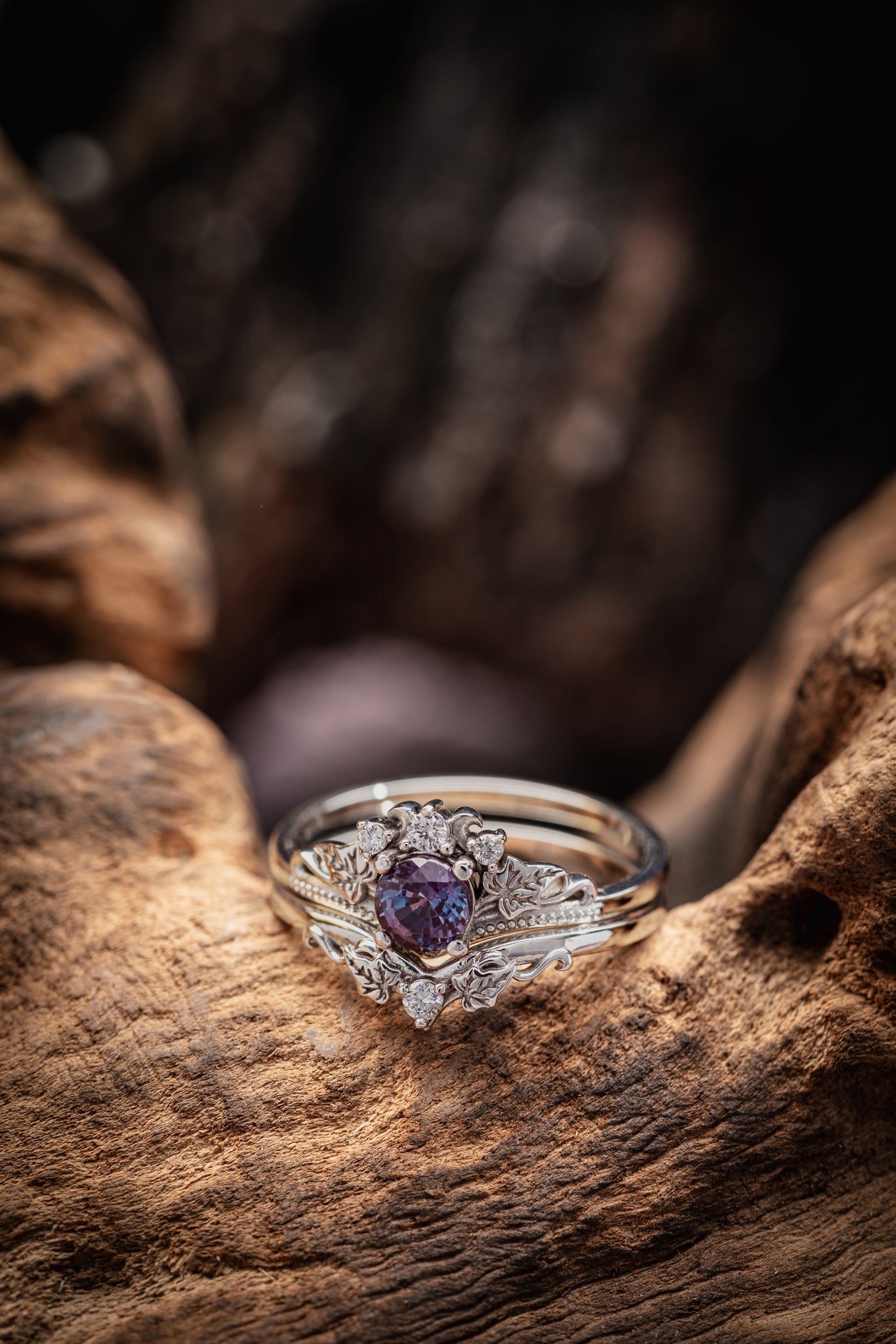 READY TO SHIP: Ariadne ring set with colour change alexandrite, two rings in 14K white gold with natural diamonds, AVAILABLE RING SIZES: 6.25 - 9.25 US