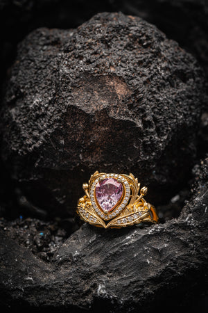 Pear pink sapphire engagement ring, gold nature inspired ring with diamond halo / Adonis halo