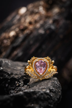 Pear pink sapphire engagement ring, gold nature inspired ring with diamond halo / Adonis halo