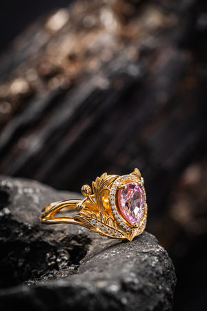 Pear pink sapphire engagement ring, gold nature inspired ring with diamond halo / Adonis halo