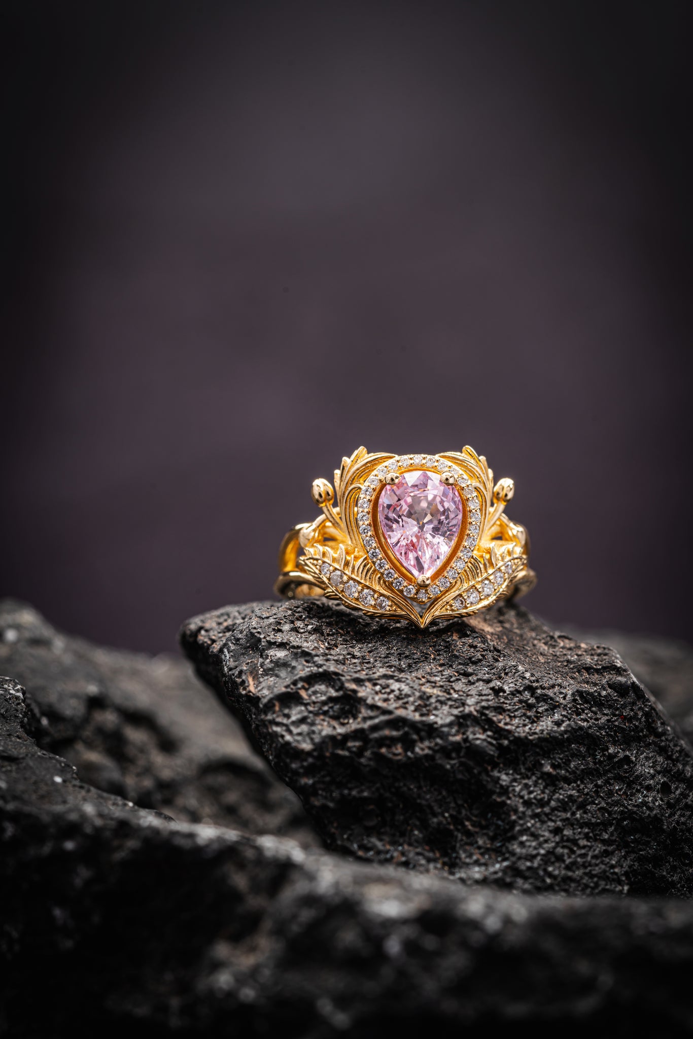 Pear pink sapphire engagement ring, gold nature inspired ring with diamond halo / Adonis halo