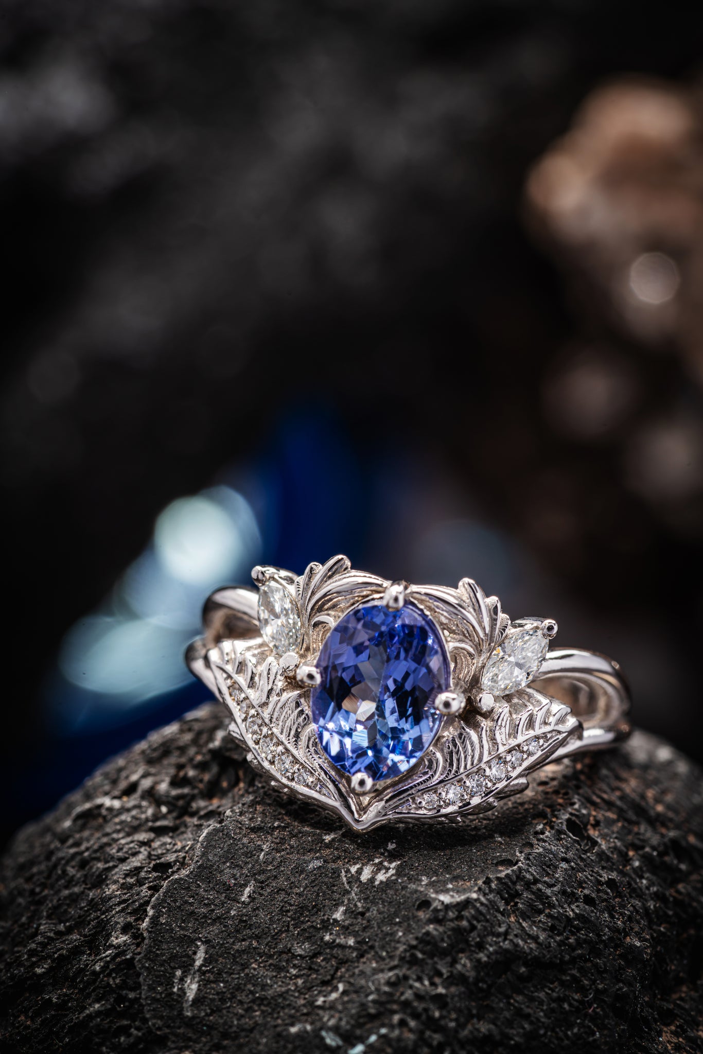 READY TO SHIP: Adonis in 14K white gold, natural tanzanite 8x6 mm, diamonds, RING SIZE 5.5 - 8.5 US