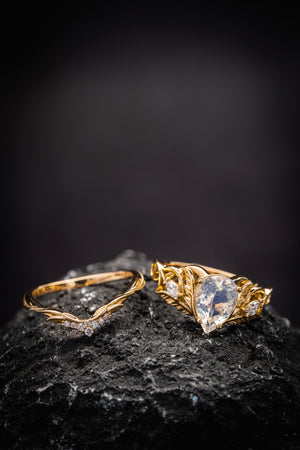 READY TO SHIP: Ikar ring in 14K yellow gold, moonstone pear cut 10x7 mm, accent lab grown diamonds, AVAILABLE RING SIZES: 5.5 - 8.5 US