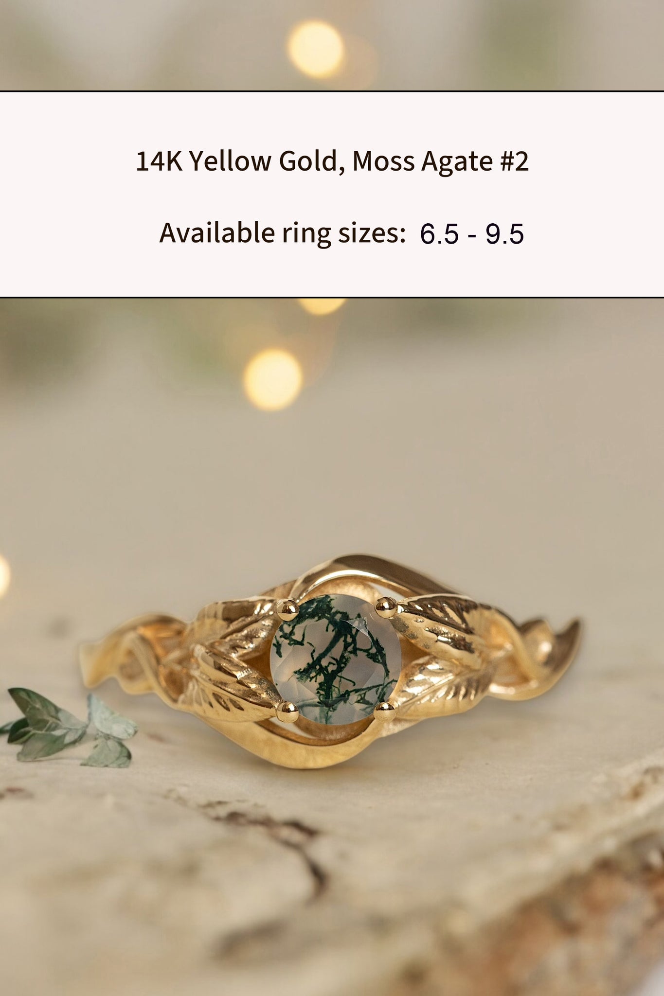 READY TO SHIP: Azalea ring in 14K yellow gold, natural moss agate round cut 5 mm, AVAILABLE RING SIZES: 3.5 - 9.5 US