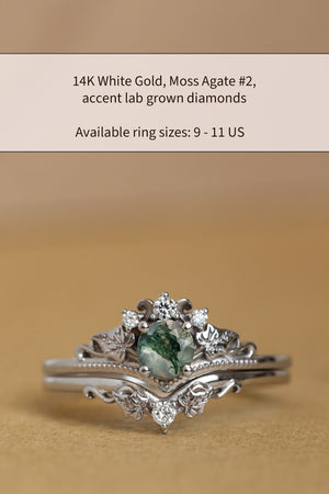 READY TO SHIP: Ariadne bridal ring set in 14K white gold, natural moss agate 5 mm, accent lab grown diamonds, AVAILABLE RING SIZES: 5.5 - 11 US