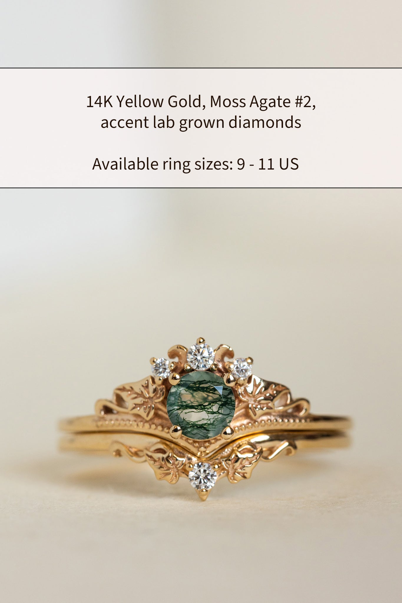 READY TO SHIP: Ariadne bridal ring set in 14K yellow gold, round moss agate, accents lab grown diamonds, AVAILABLE RING SIZES: 9 - 11 US