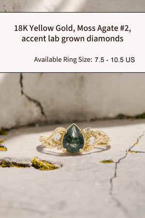 READY TO SHIP: Patricia ring in 14K or 18K yellow gold, natural moss agate pear cut 8x6 mm, accent lab grown diamonds, AVAILABLE RING SIZES: 5 - 10.5 US