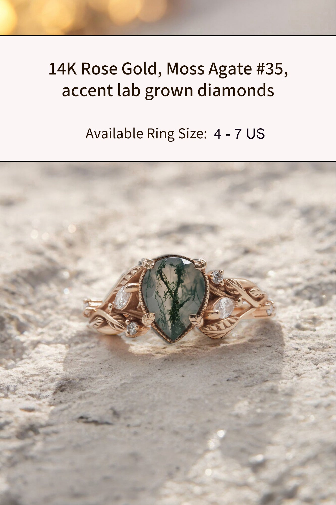 READY TO SHIP: Patricia ring in 14K or 18K rose gold, natural moss agate pear cut 8x6 mm, accent lab grown diamonds, AVAILABLE RING SIZES: 4 - 10.5 US